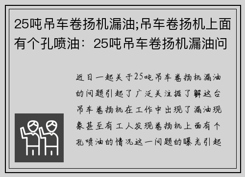 25吨吊车卷扬机漏油;吊车卷扬机上面有个孔喷油：25吨吊车卷扬机漏油问题曝光