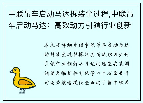 中联吊车启动马达拆装全过程,中联吊车启动马达：高效动力引领行业创新