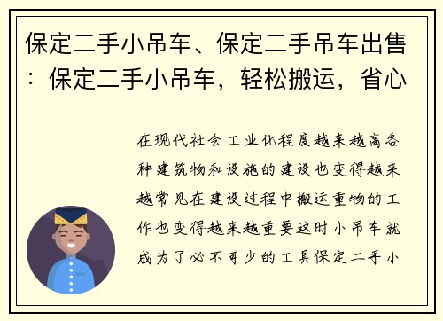 保定二手小吊车、保定二手吊车出售：保定二手小吊车，轻松搬运，省心省力